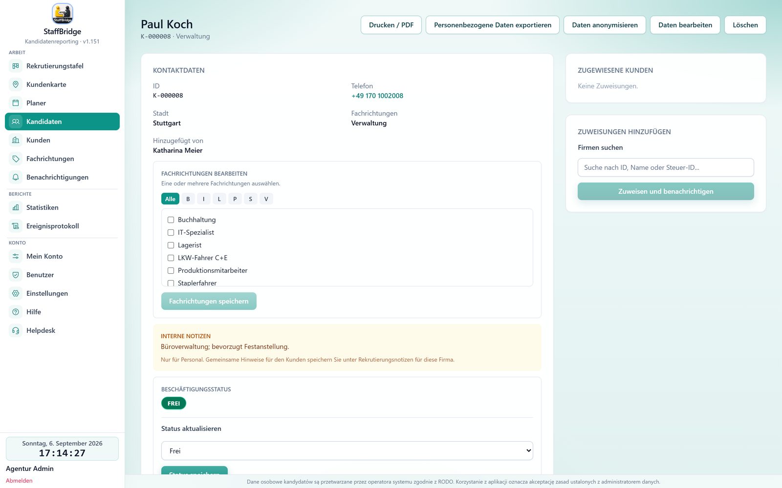 Kandidatenkarte in StaffBridge