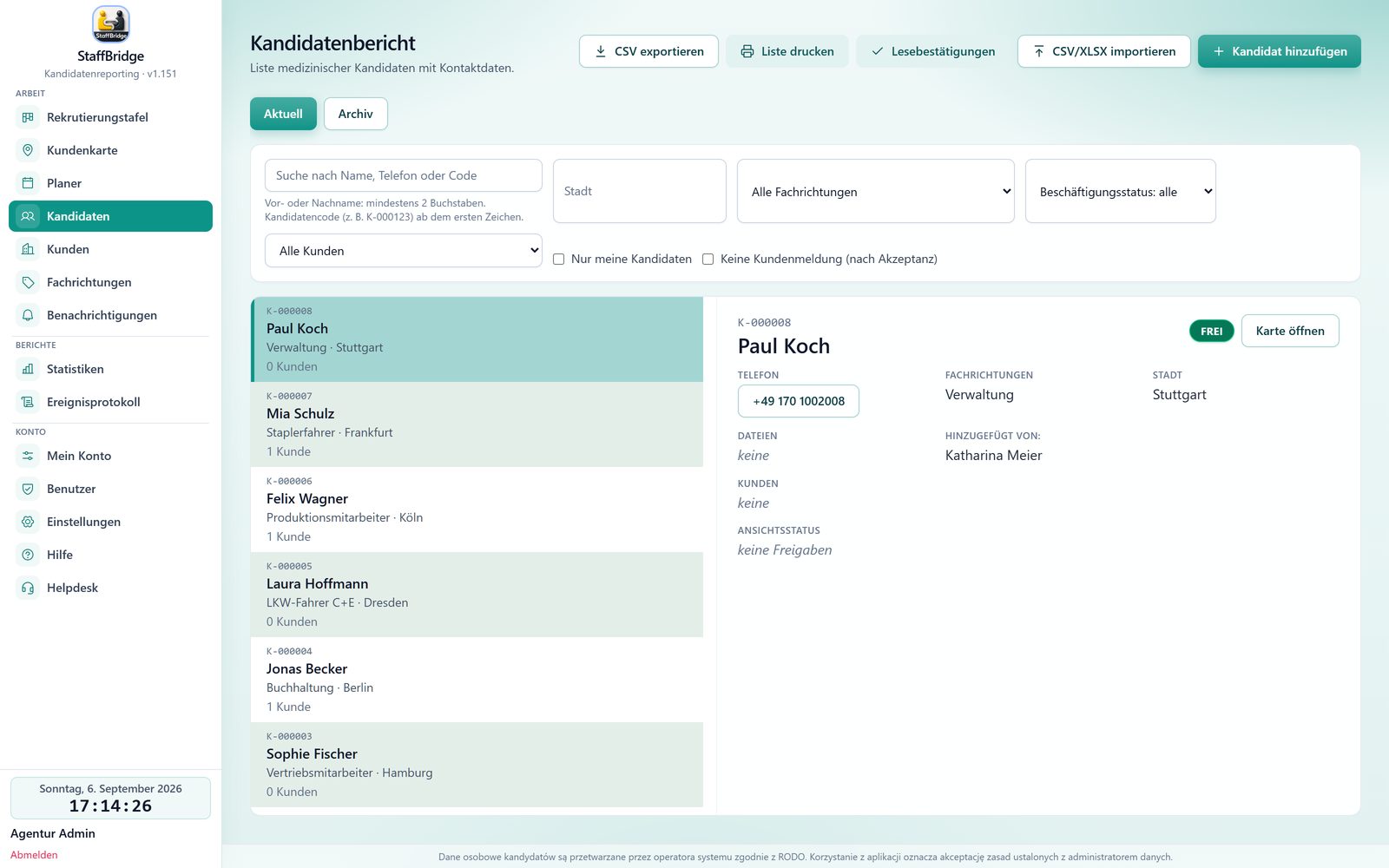 Kandidatenliste in StaffBridge