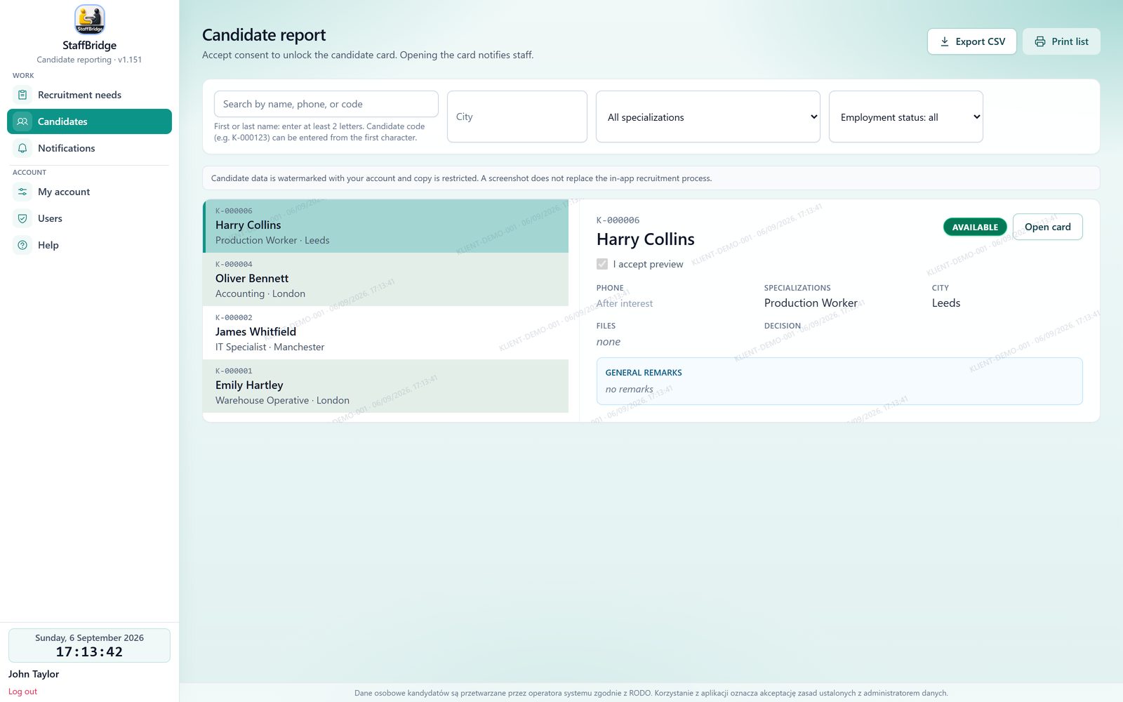 Client portal — shared candidate list
