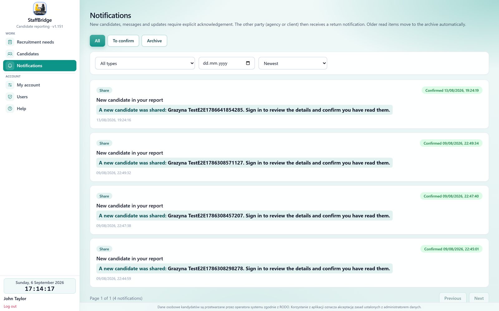 Client portal — notifications